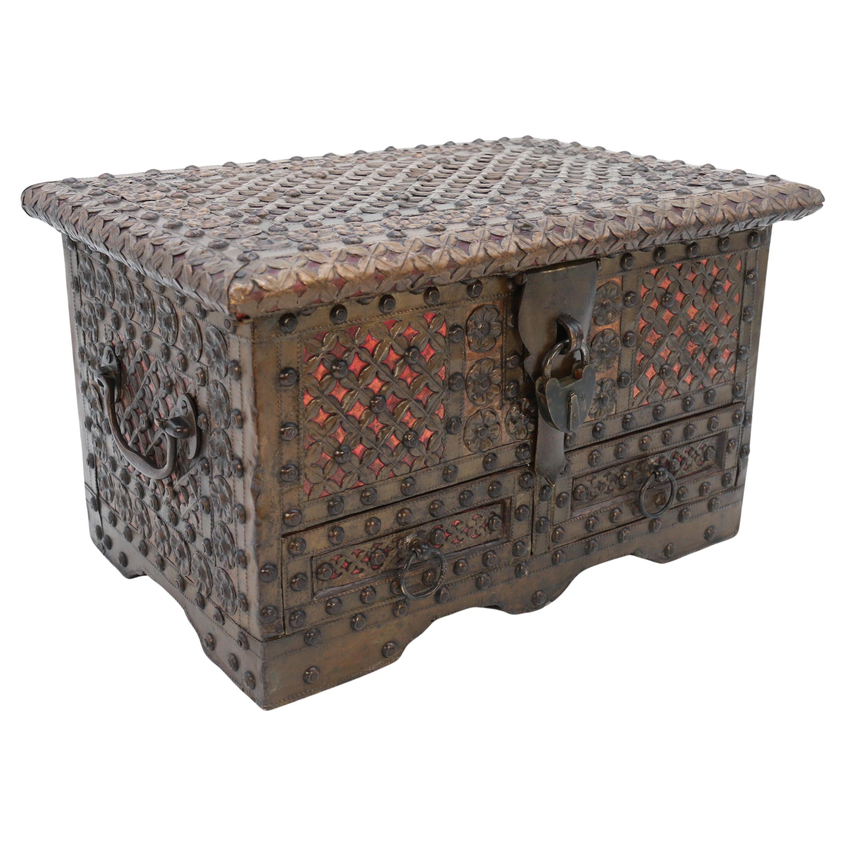 Antique decorative small Zanzibar brass and copper mounted chest or strongbox For Sale