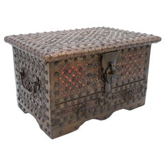 Antique decorative small Zanzibar brass and copper mounted chest or strongbox