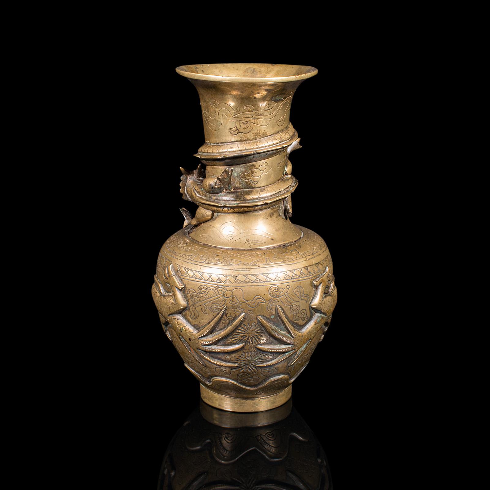 Late Victorian Antique Decorative Vase, Chinese, Brass, Flower Urn, Dragon Motif, Victorian For Sale
