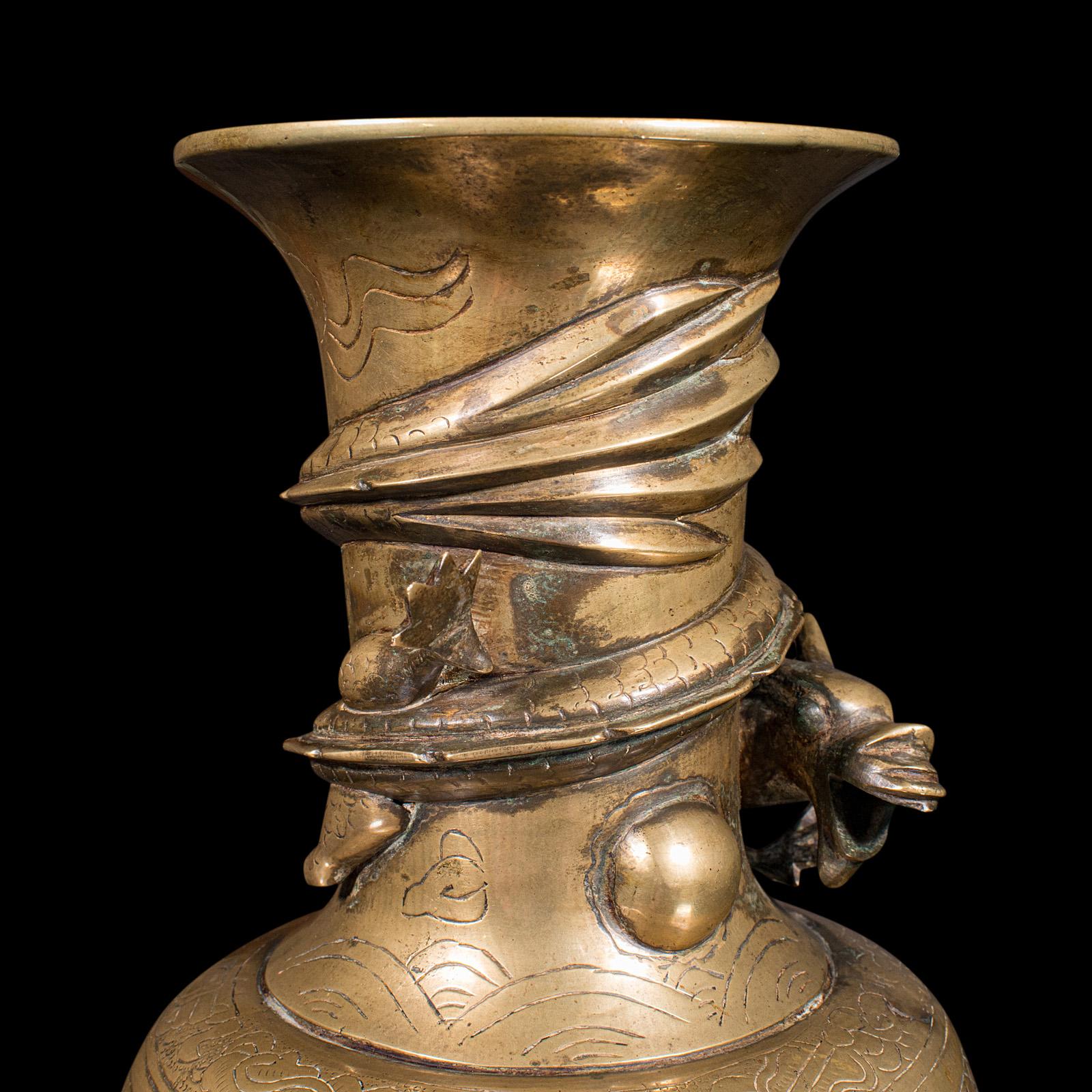 Antique Decorative Vase, Chinese, Brass, Flower Urn, Dragon Motif, Victorian For Sale 1