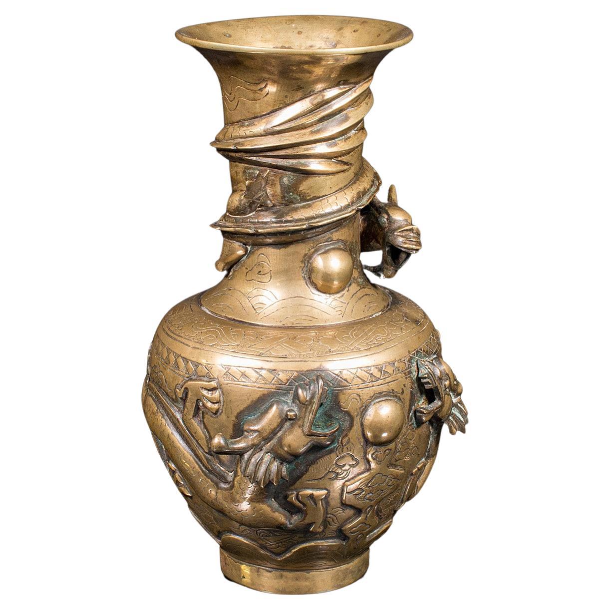 Antique Decorative Vase, Chinese, Brass, Flower Urn, Dragon Motif, Victorian For Sale
