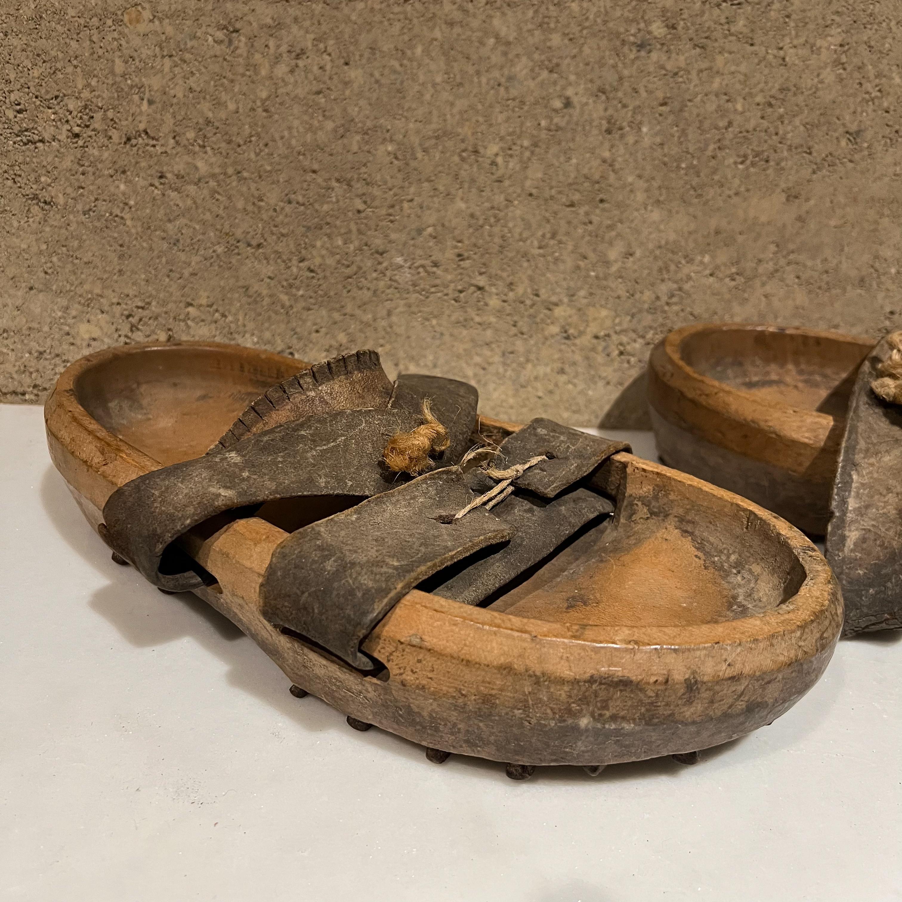 Antique Asian Japanese Shoes Leather Wood Open Toe with Cleats For Sale ...