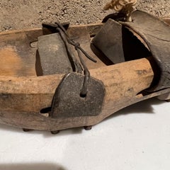 Antique Asian Japanese Shoes Leather Wood Open Toe with Cleats