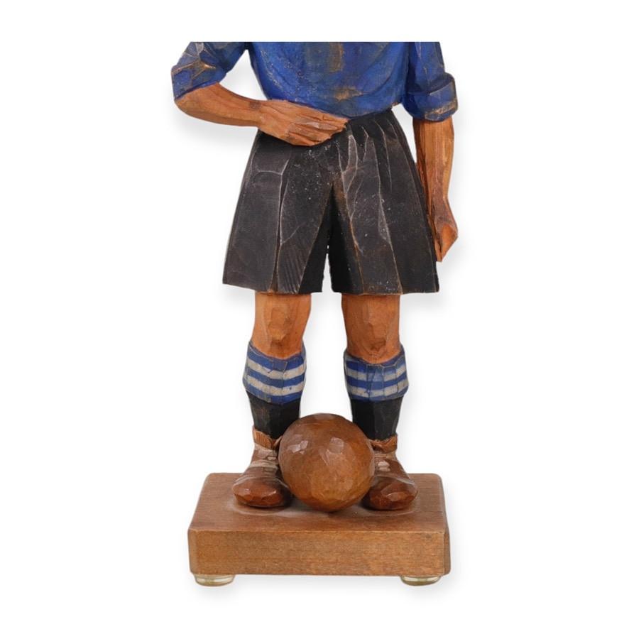 Antique Decorative Wooden Figurine Footballer Carl Olof Trygg Carving Sculpture In Excellent Condition For Sale In Wembley, GB