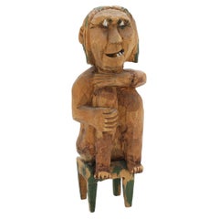 Antique Wooden Sculpture Decorative Figurine Seated Figure on Stool Swedish