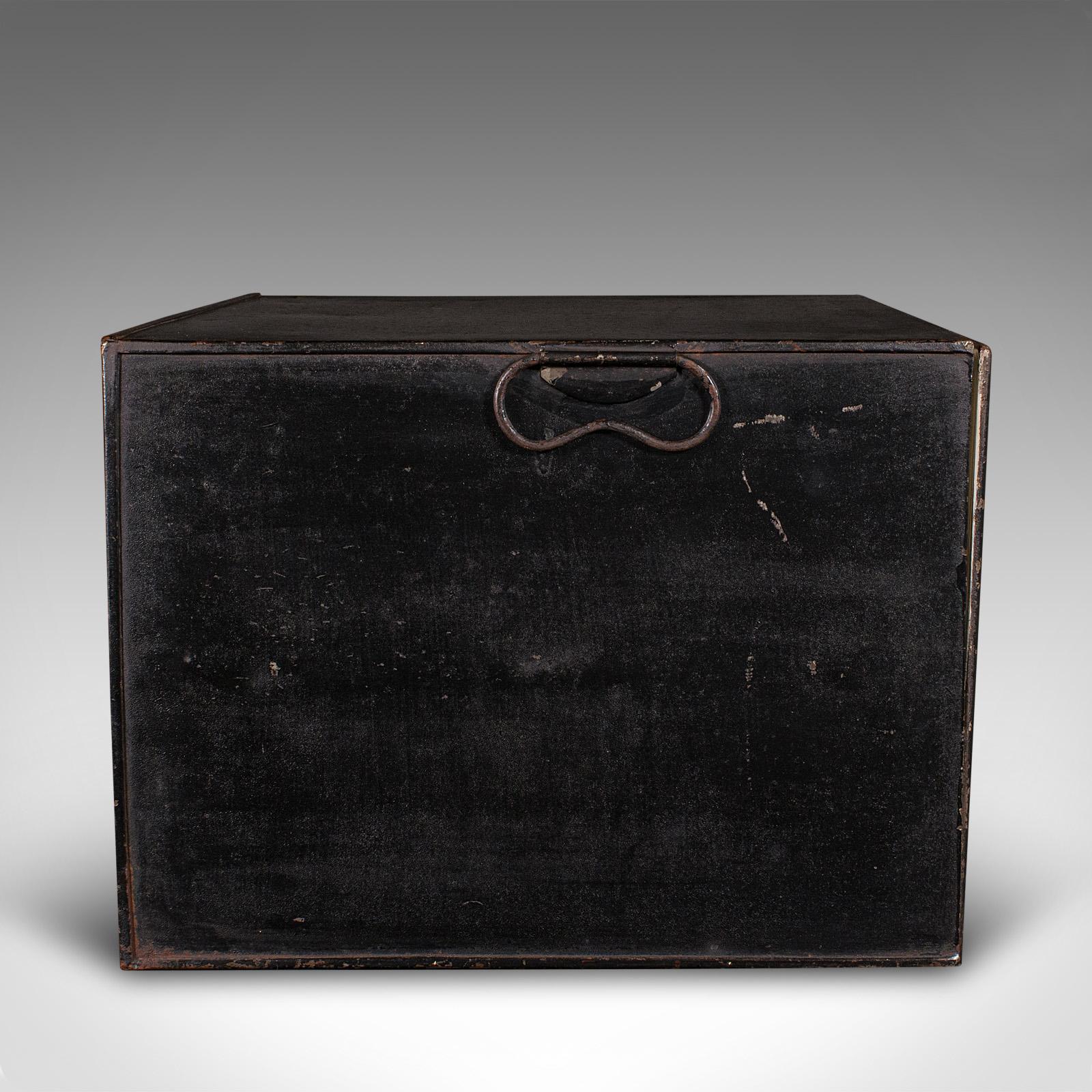 Antique Deed Box, English, Steel, Fall Front Keepsake Case, Office Storage, 1920 In Good Condition For Sale In Hele, Devon, GB