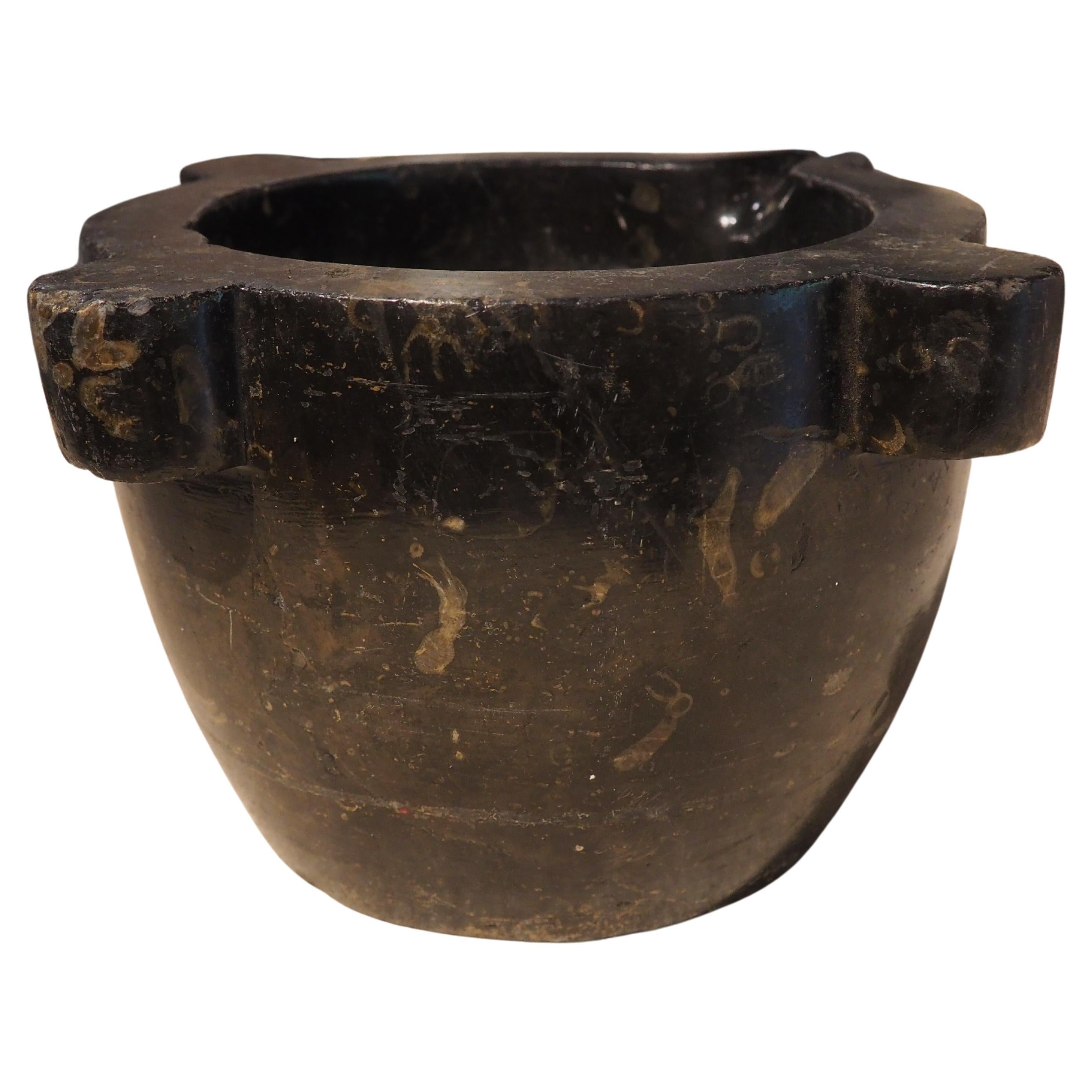 Antique Deep Black Marble Mortar from France, 19th Century