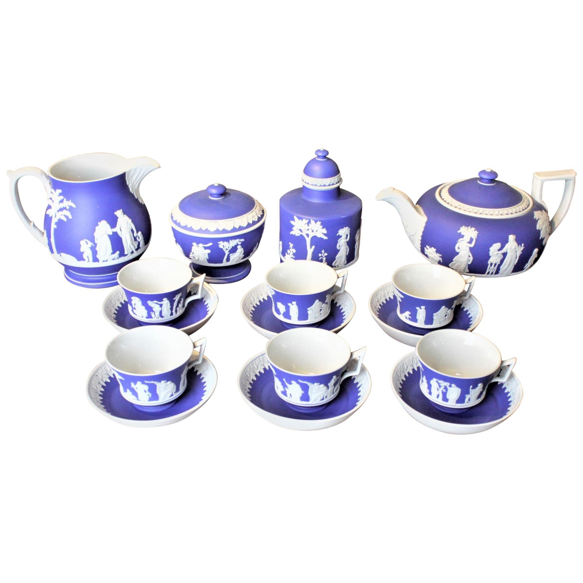 Antique Deep Blue Wedgwood Jasperware Ten Piece Tea Set with Neoclassical Motif For Sale