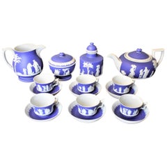 Antique Deep Blue Wedgwood Jasperware Ten Piece Tea Set with Neoclassical Motif