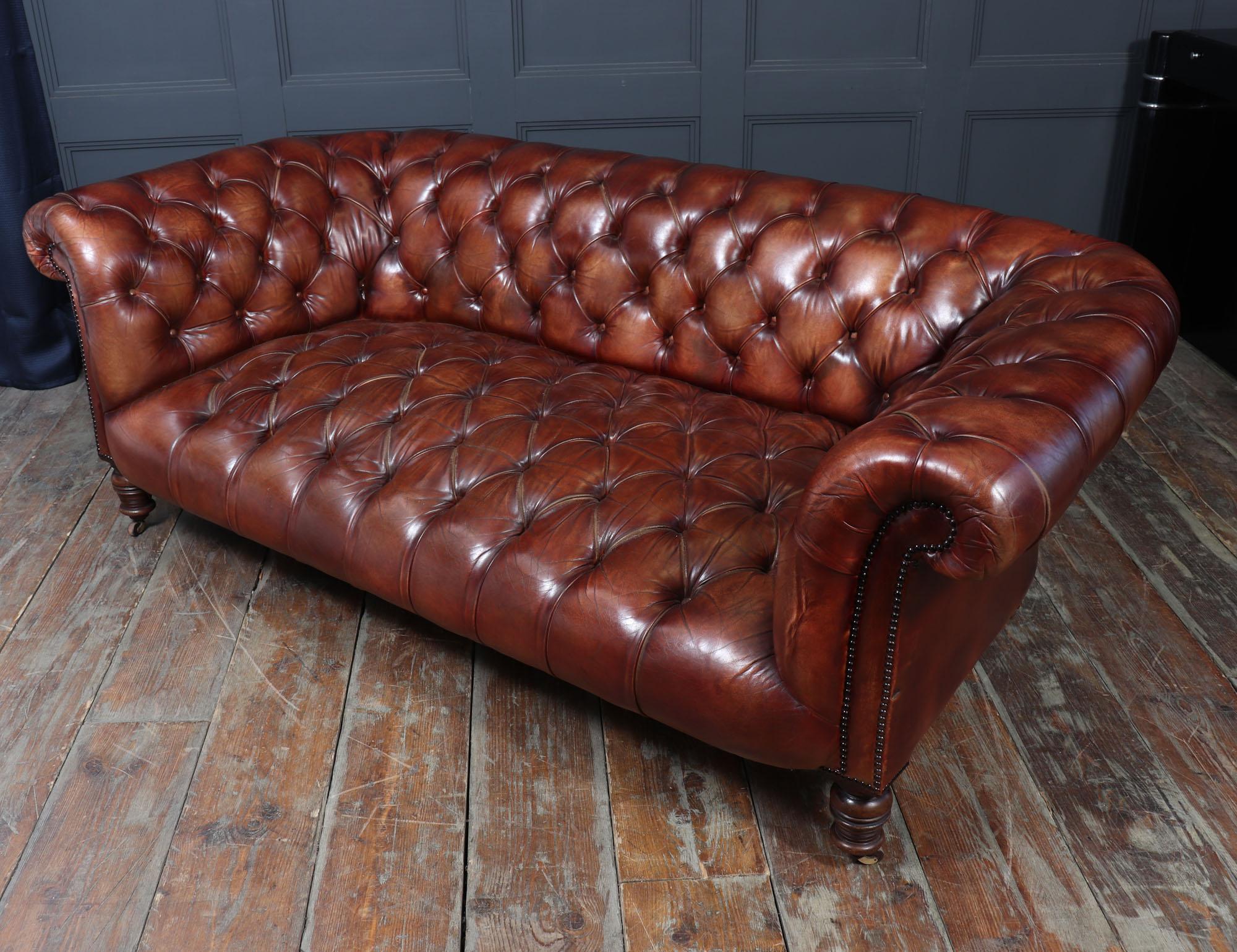 Antique Deep Buttoned Chesterfield Sofa in Hand-Dyed Leather c1900 For Sale 9