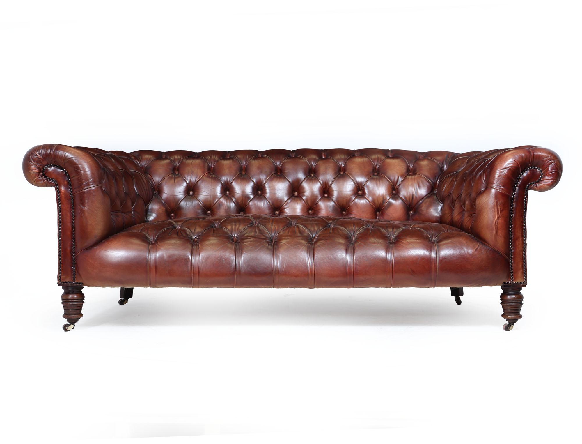 Edwardian Antique Deep Buttoned Chesterfield Sofa in Hand-Dyed Leather c1900 For Sale