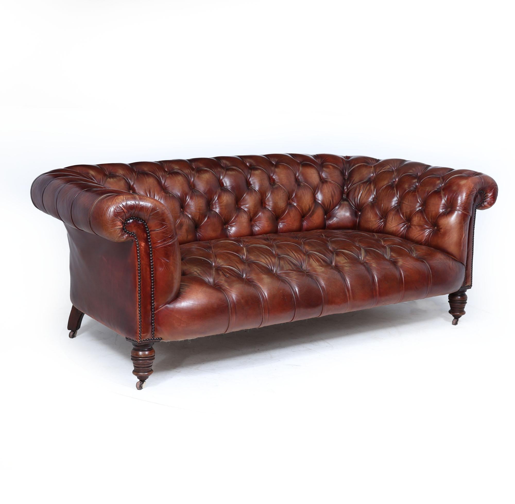 British Antique Deep Buttoned Chesterfield Sofa in Hand-Dyed Leather c1900 For Sale