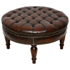 Antique Deep Buttoned Leather and Mahogany Stool