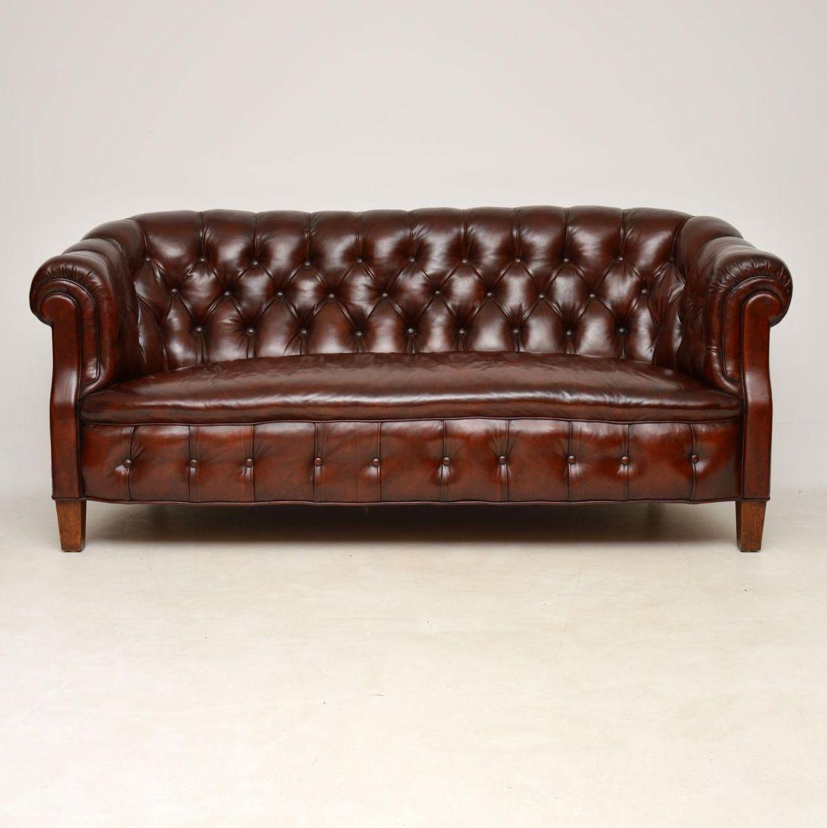 This antique Swedish deep buttoned leather Chesterfield sofa has very generous proportions & is very comfortable. The leather is all original & in good condition. It’s not like the normal English traditional chesterfields, because the back is