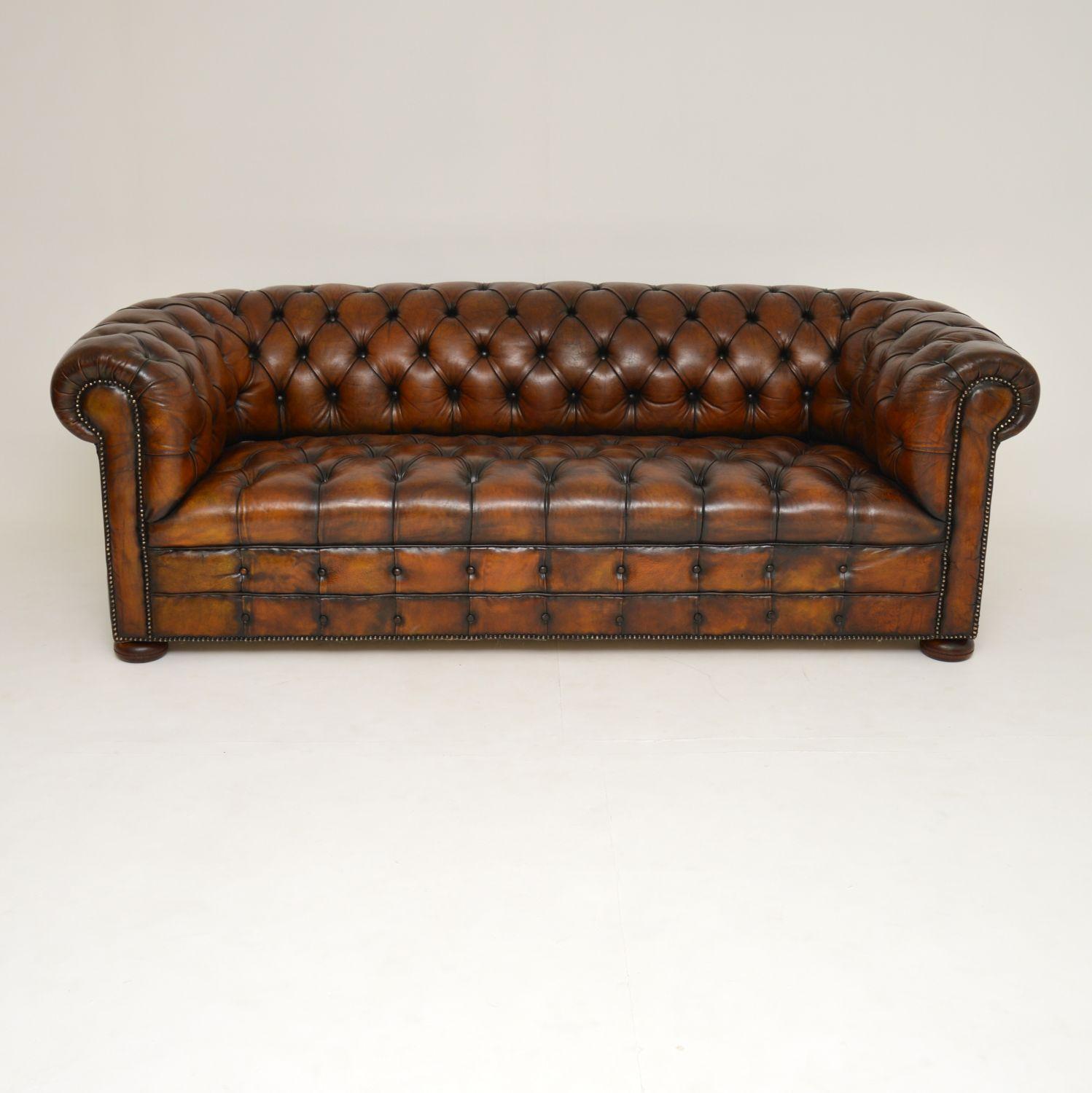 This is a very high quality antique deep buttoned leather Victorian style Chesterfield sofa and well above the average standard.

There are no splits, tears or holes and the leather has just been professionally cleaned and polished. It’s deep