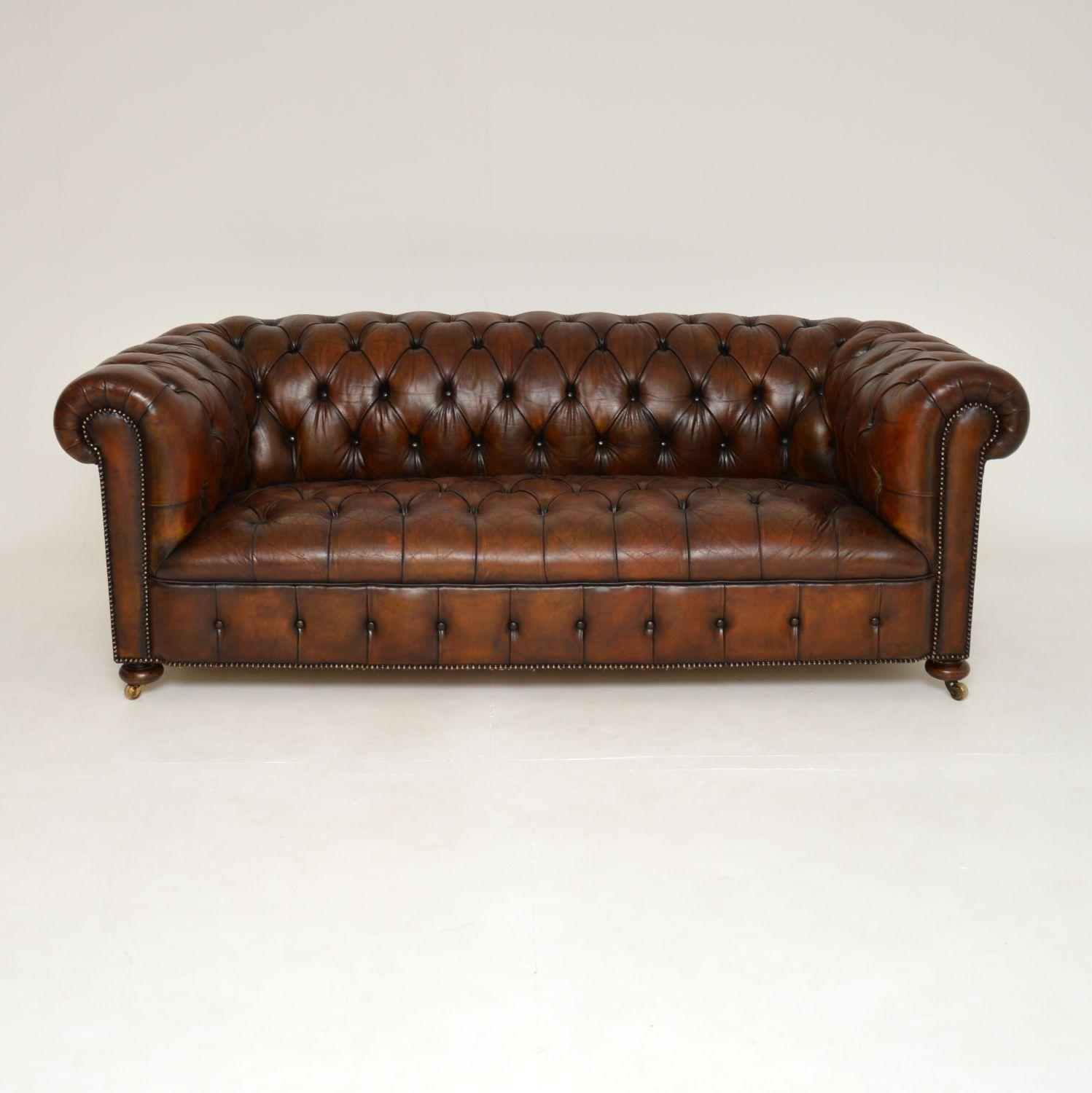 A fine example of an antique deep buttoned leather Chesterfield sofa. This was made in England, it dates from around the 1930’s.

The quality is amazing, this would have been hand made to the highest standards. It has a very generous seating area