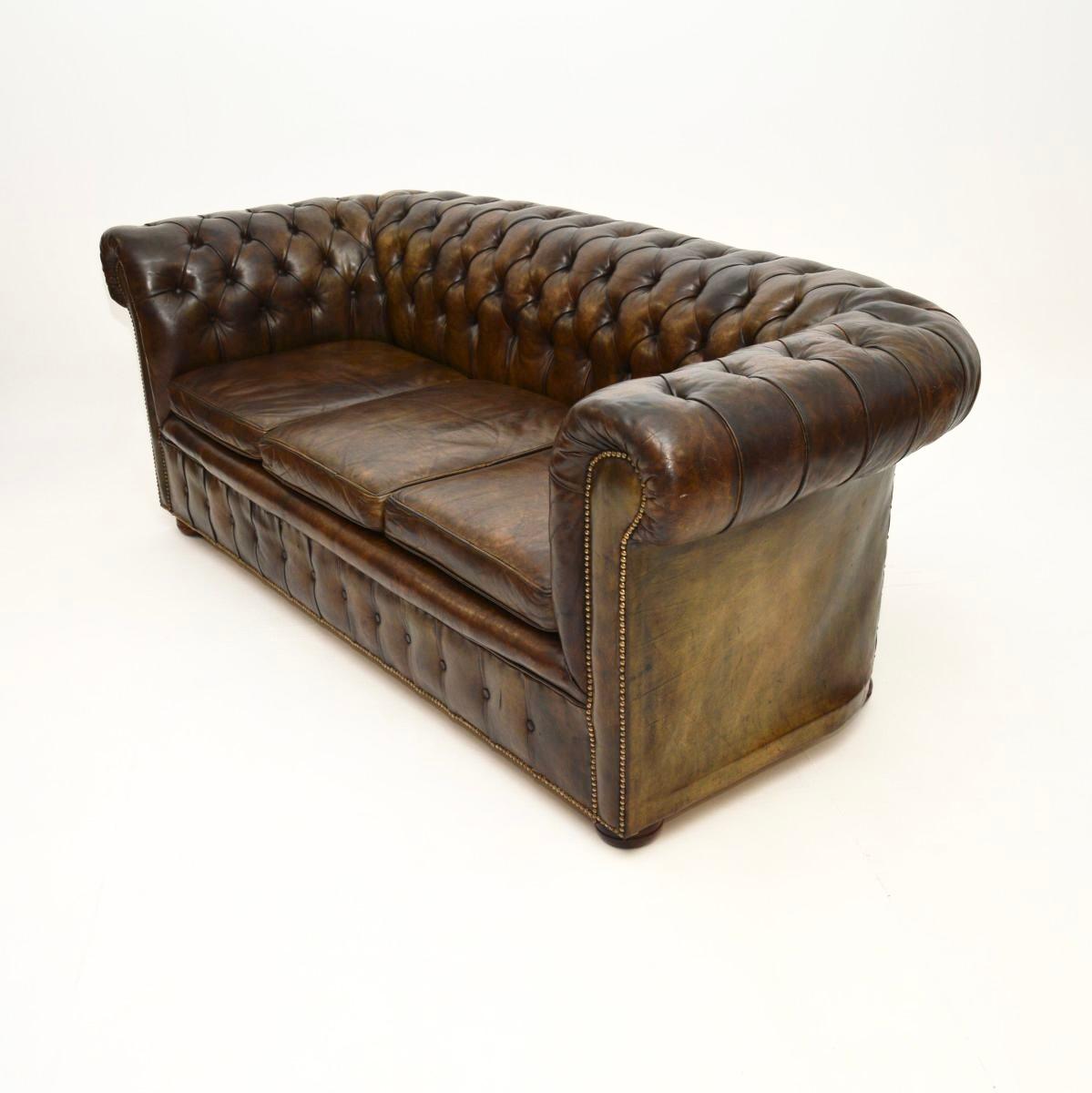 British Antique Deep Buttoned Leather Chesterfield Sofa For Sale