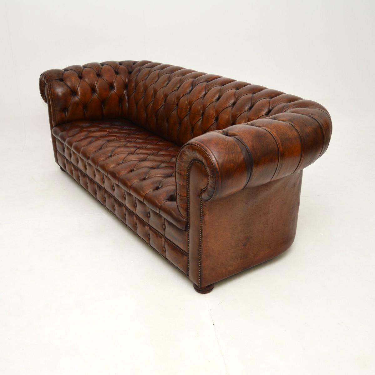 British Antique Deep Buttoned Leather Chesterfield Sofa For Sale