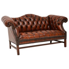 Antique Deep Buttoned Leather Hump Back Sofa