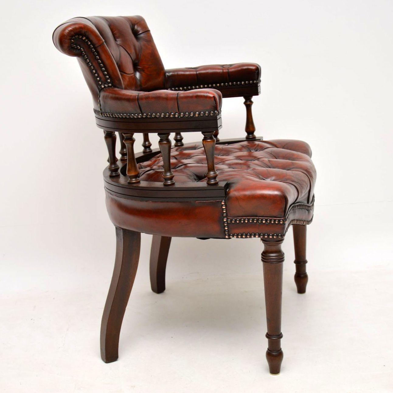 Victorian Antique Deep Buttoned Leather & Mahogany Desk Armchair