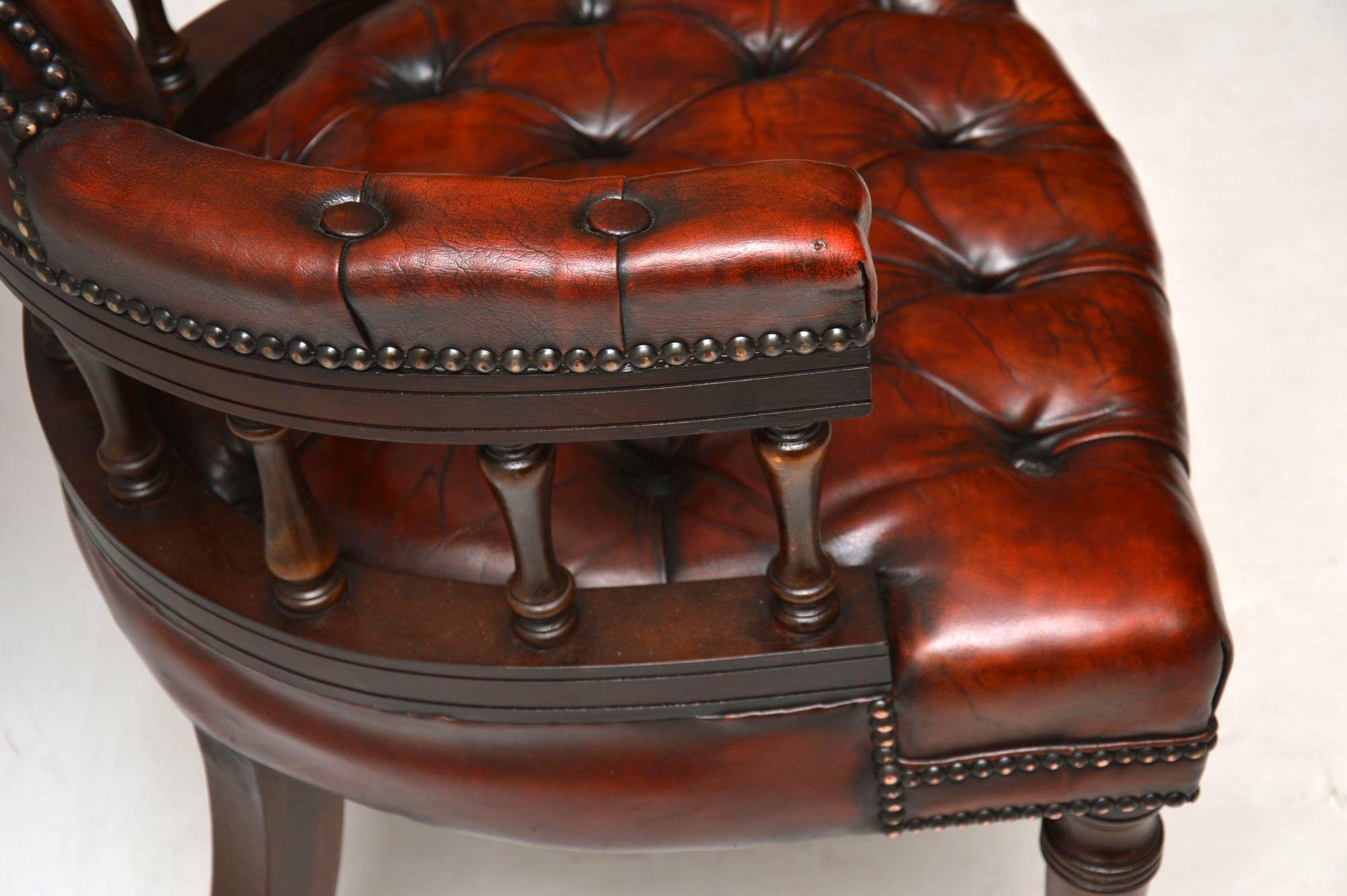 English Antique Deep Buttoned Leather & Mahogany Desk Armchair