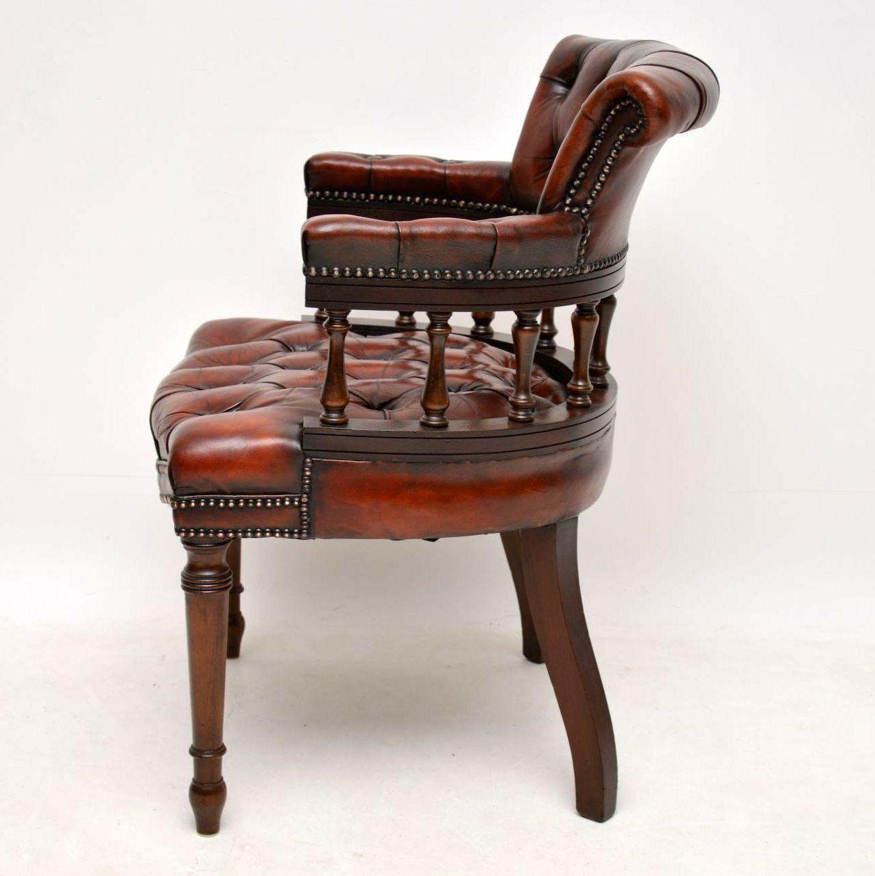 Antique Deep Buttoned Leather & Mahogany Desk Armchair 1