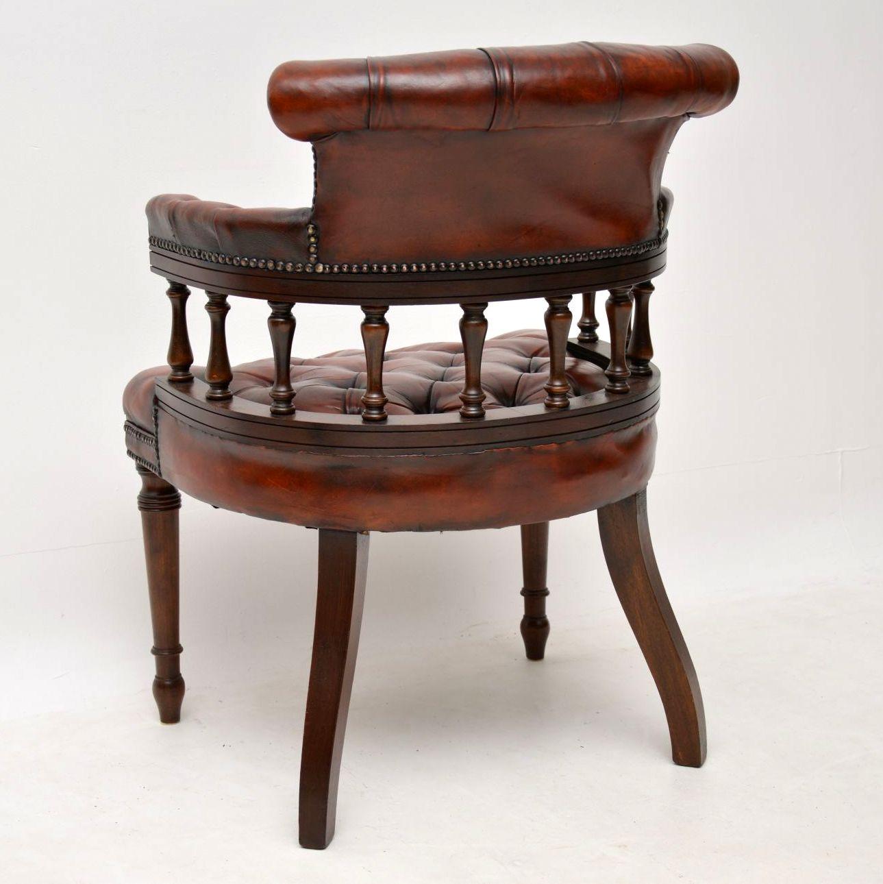 Antique Deep Buttoned Leather & Mahogany Desk Armchair 3