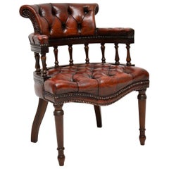 Antique Deep Buttoned Leather & Mahogany Desk Armchair