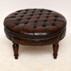 Antique Deep Buttoned Leather and Mahogany Stool