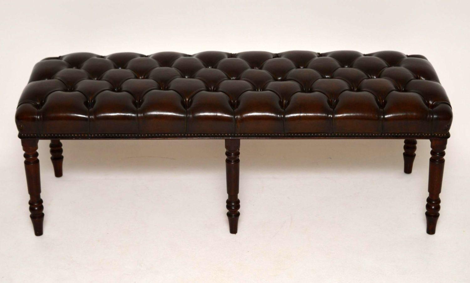 Late Victorian Antique Deep Buttoned Leather Stool on Mahogany Legs