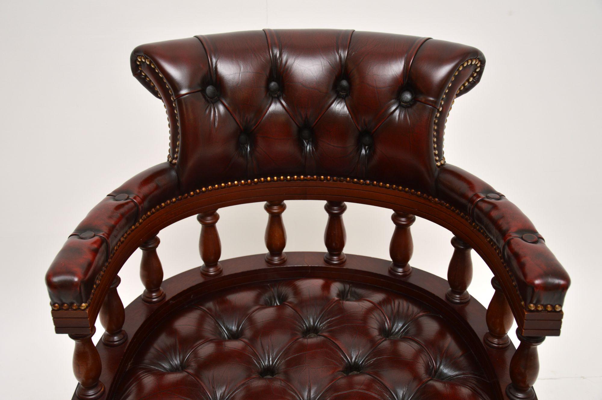 English Antique Deep Buttoned Leather Swivel Captains Desk Chair