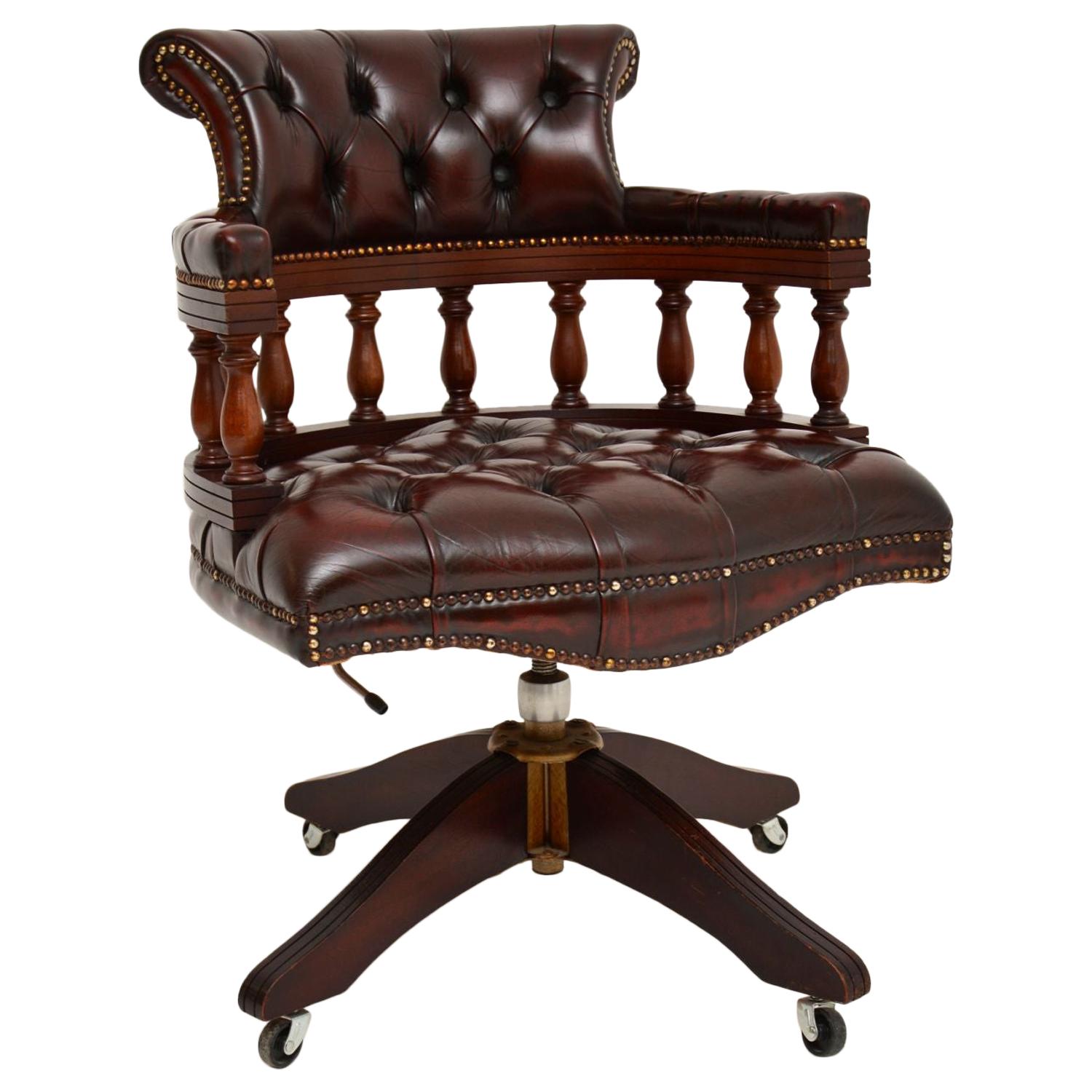Antique Deep Buttoned Leather Swivel Captains Desk Chair