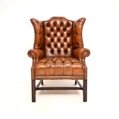 Antique Deep Buttoned Leather Wing Back Armchair