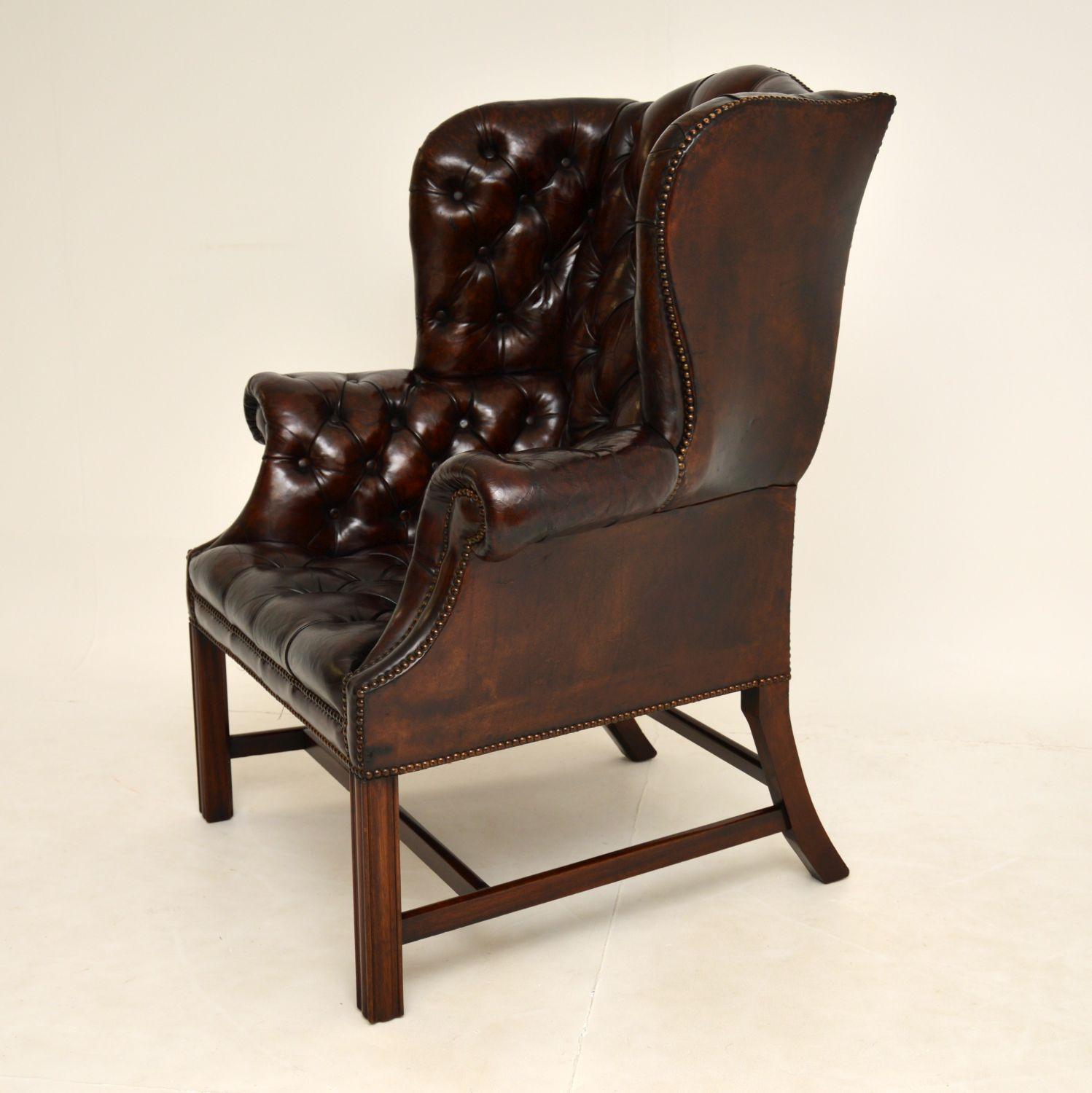 Chippendale Antique Deep Buttoned Leather Wing Back Armchair