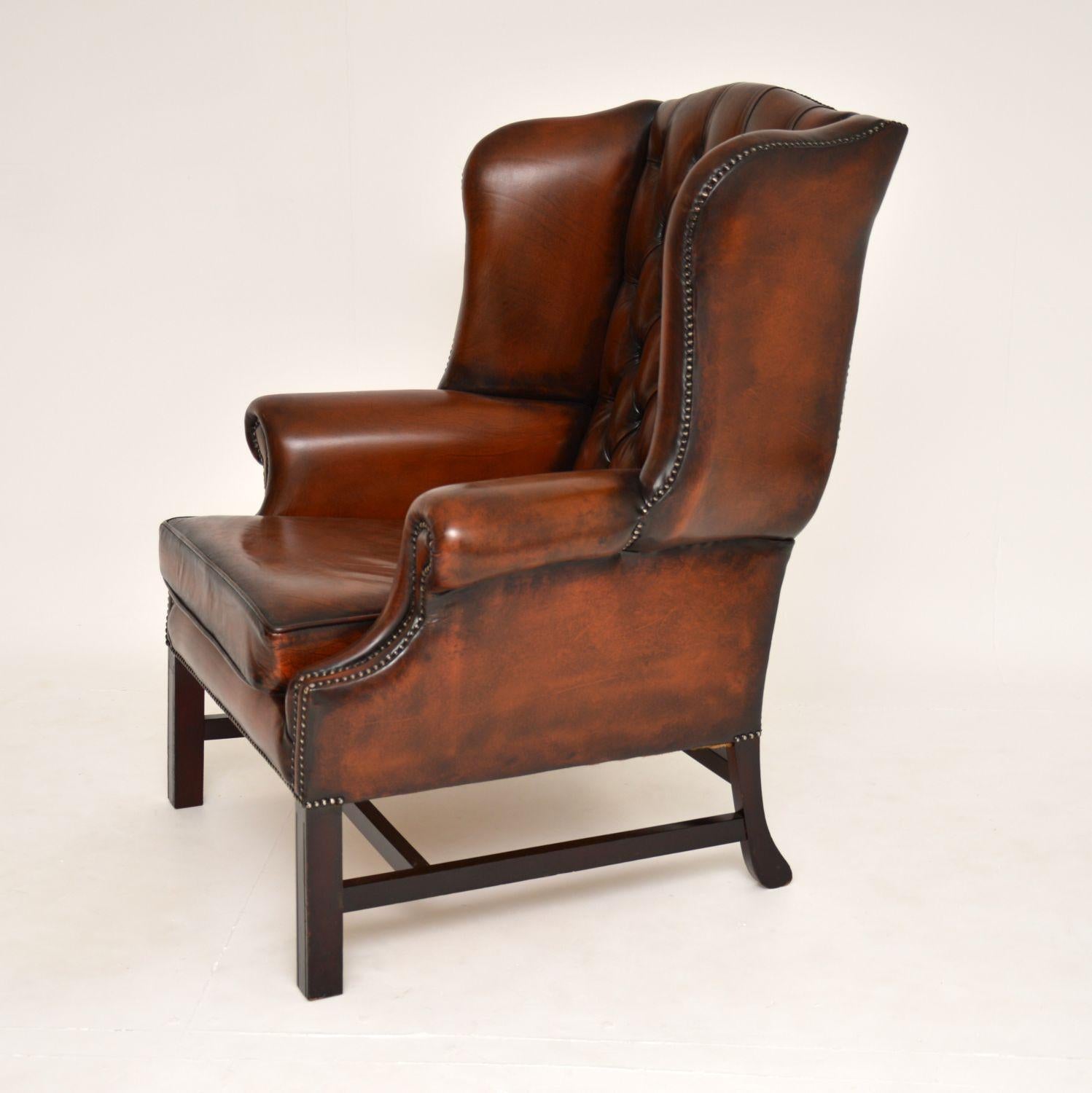 Chippendale Antique Deep Buttoned Leather Wing Back Armchair