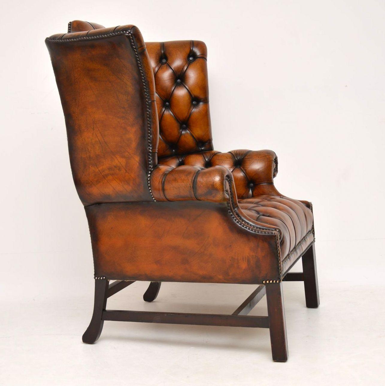 Edwardian Antique Deep Buttoned Leather Wing Back Armchair