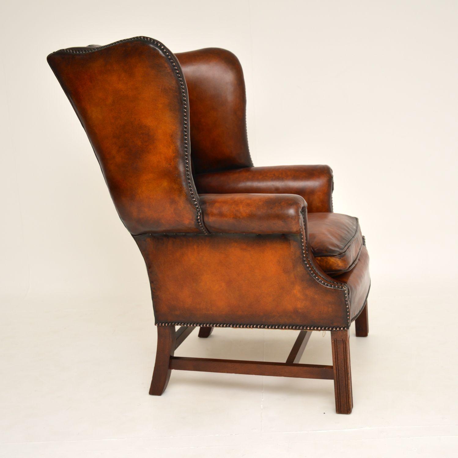 English Antique Deep Buttoned Leather Wing Back Armchair