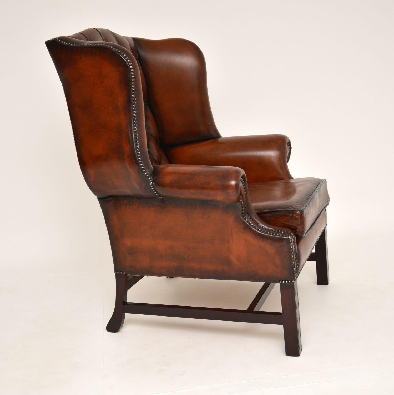 English Antique Deep Buttoned Leather Wing Back Armchair