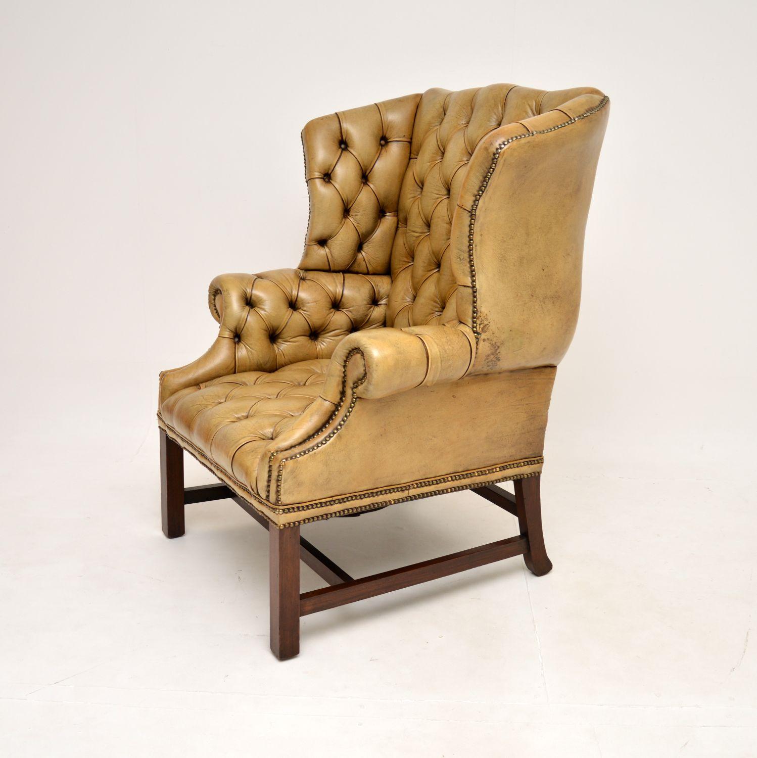 British Antique Deep Buttoned Leather Wing Back Armchair