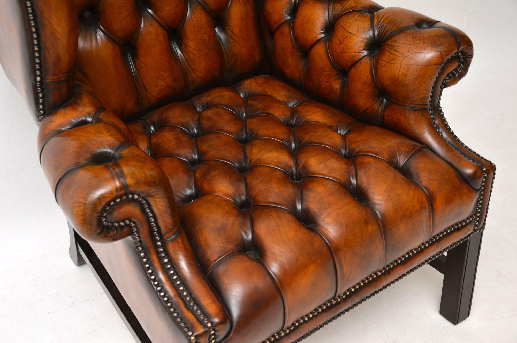 English Antique Deep Buttoned Leather Wing Back Armchair