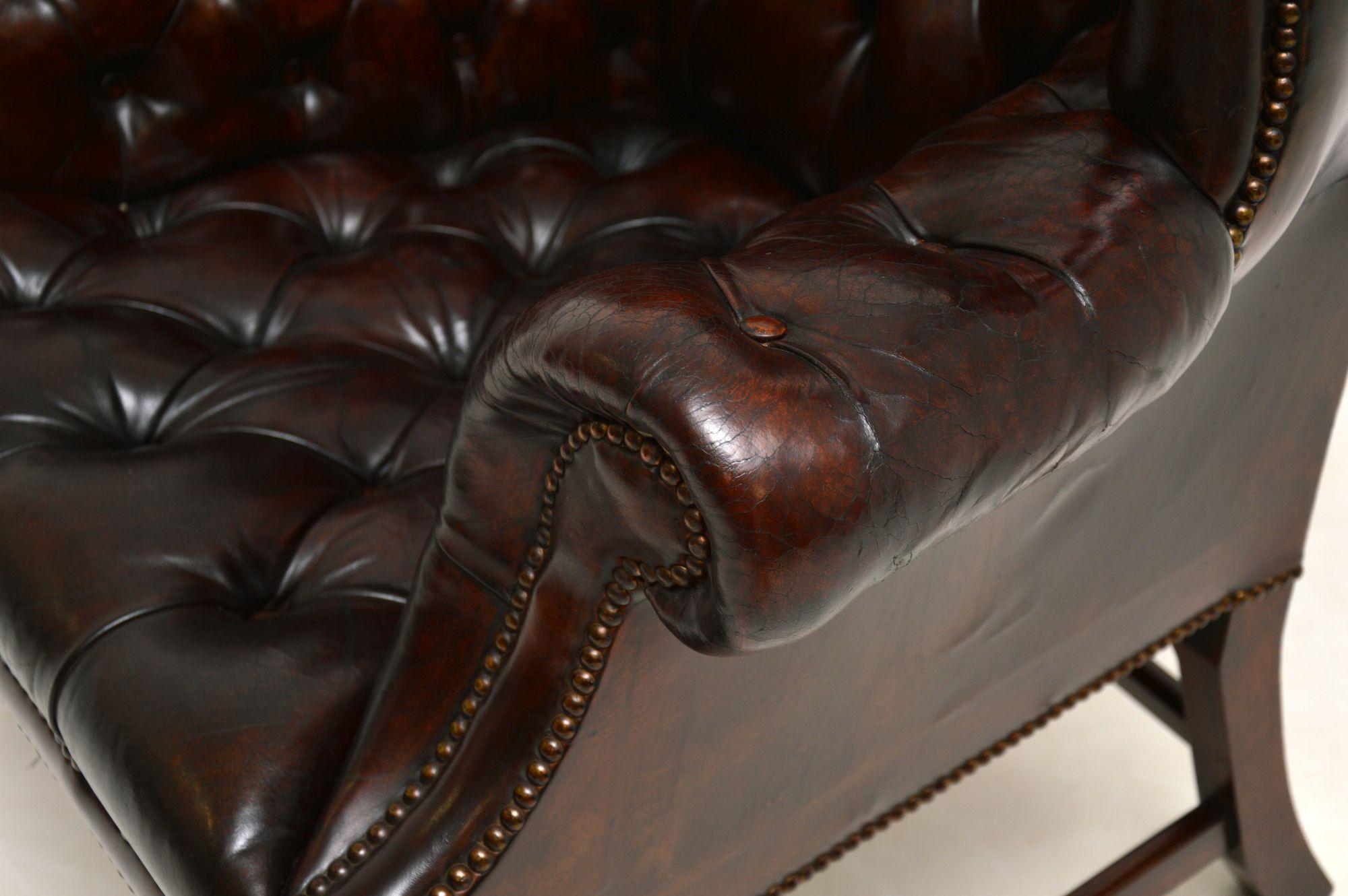 20th Century Antique Deep Buttoned Leather Wing Back Armchair