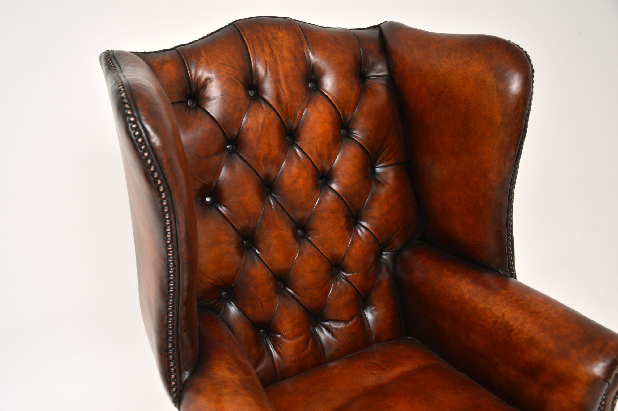 20th Century Antique Deep Buttoned Leather Wing Back Armchair