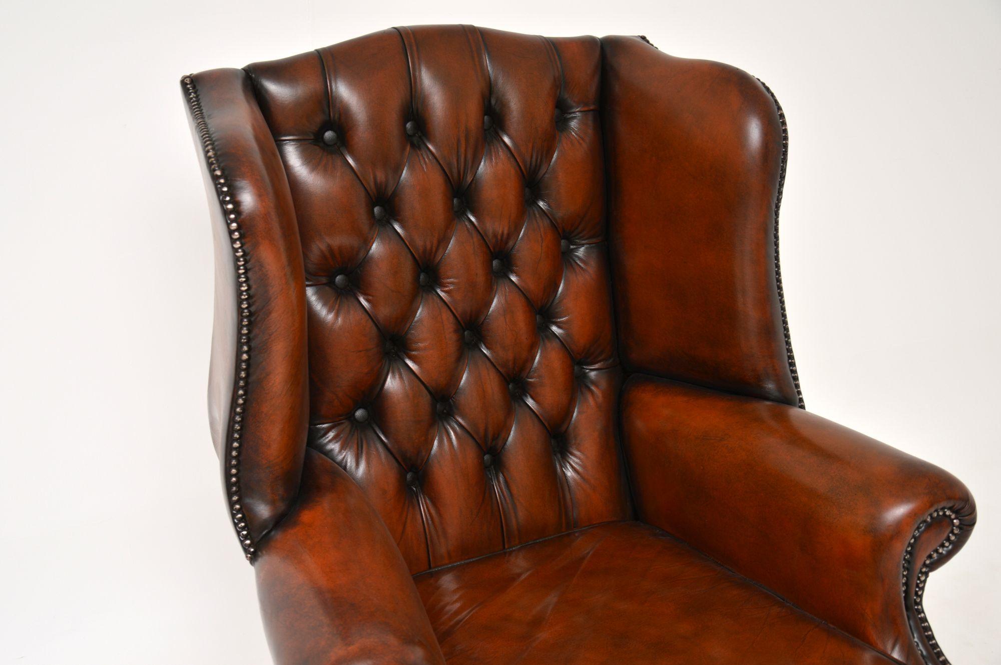 20th Century Antique Deep Buttoned Leather Wing Back Armchair