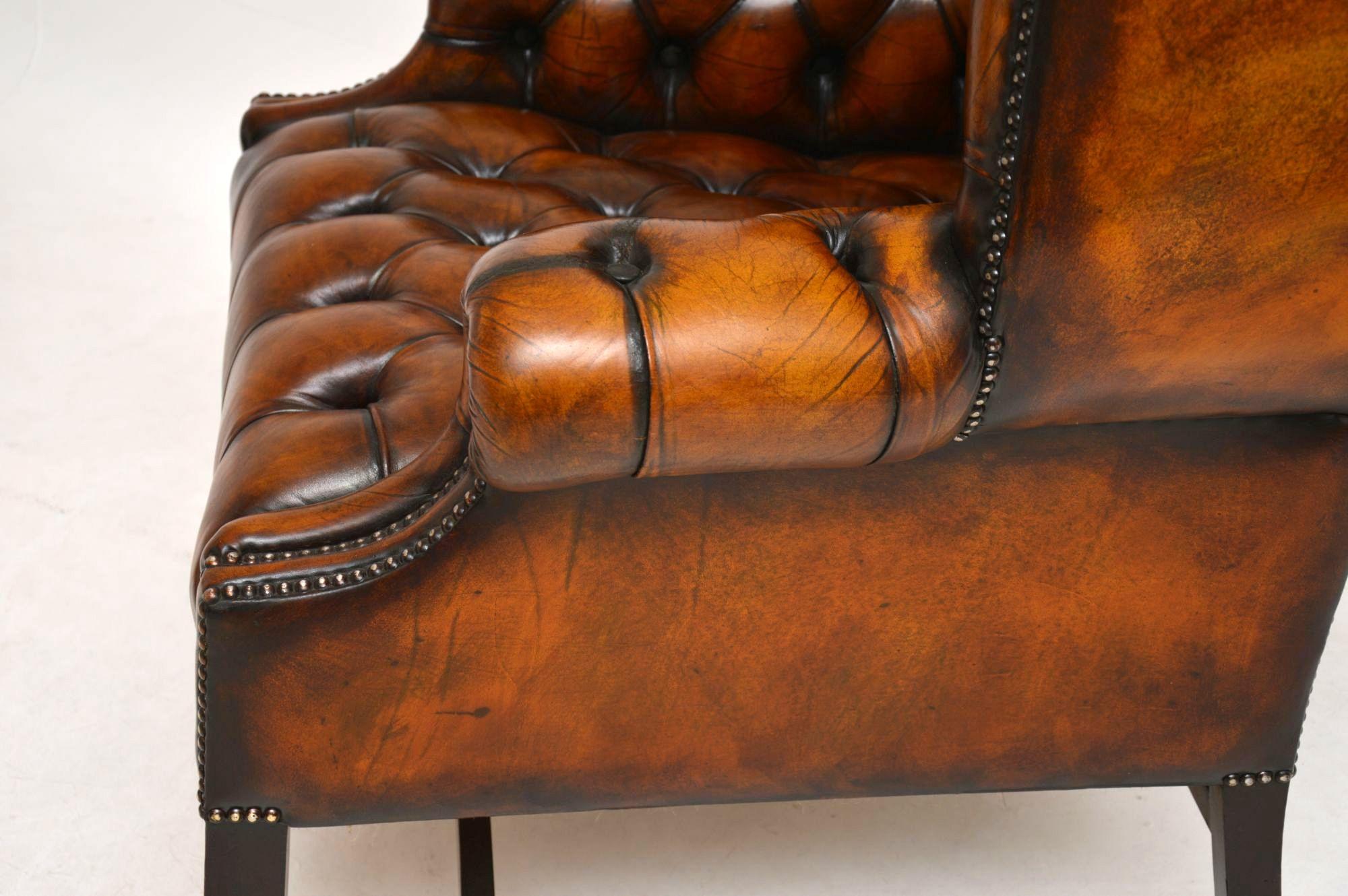 Early 20th Century Antique Deep Buttoned Leather Wing Back Armchair