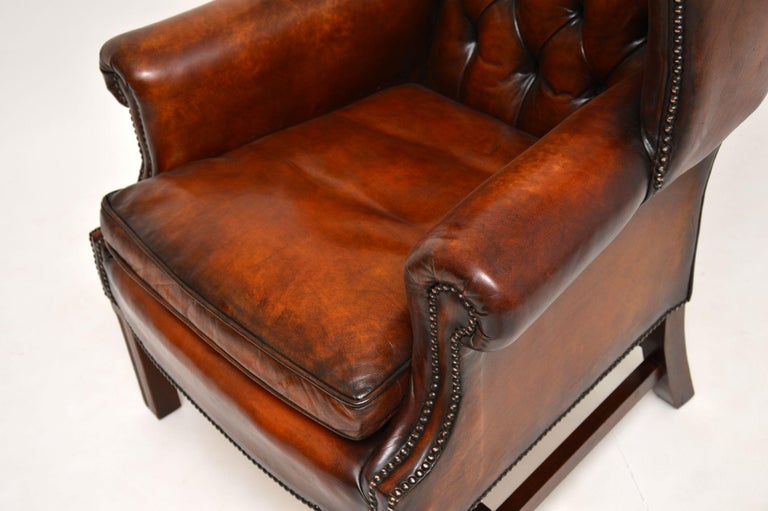 Antique Deep Buttoned Leather Wing Back Armchair For Sale 2