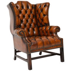 Antique Deep Buttoned Leather Wing Back Armchair