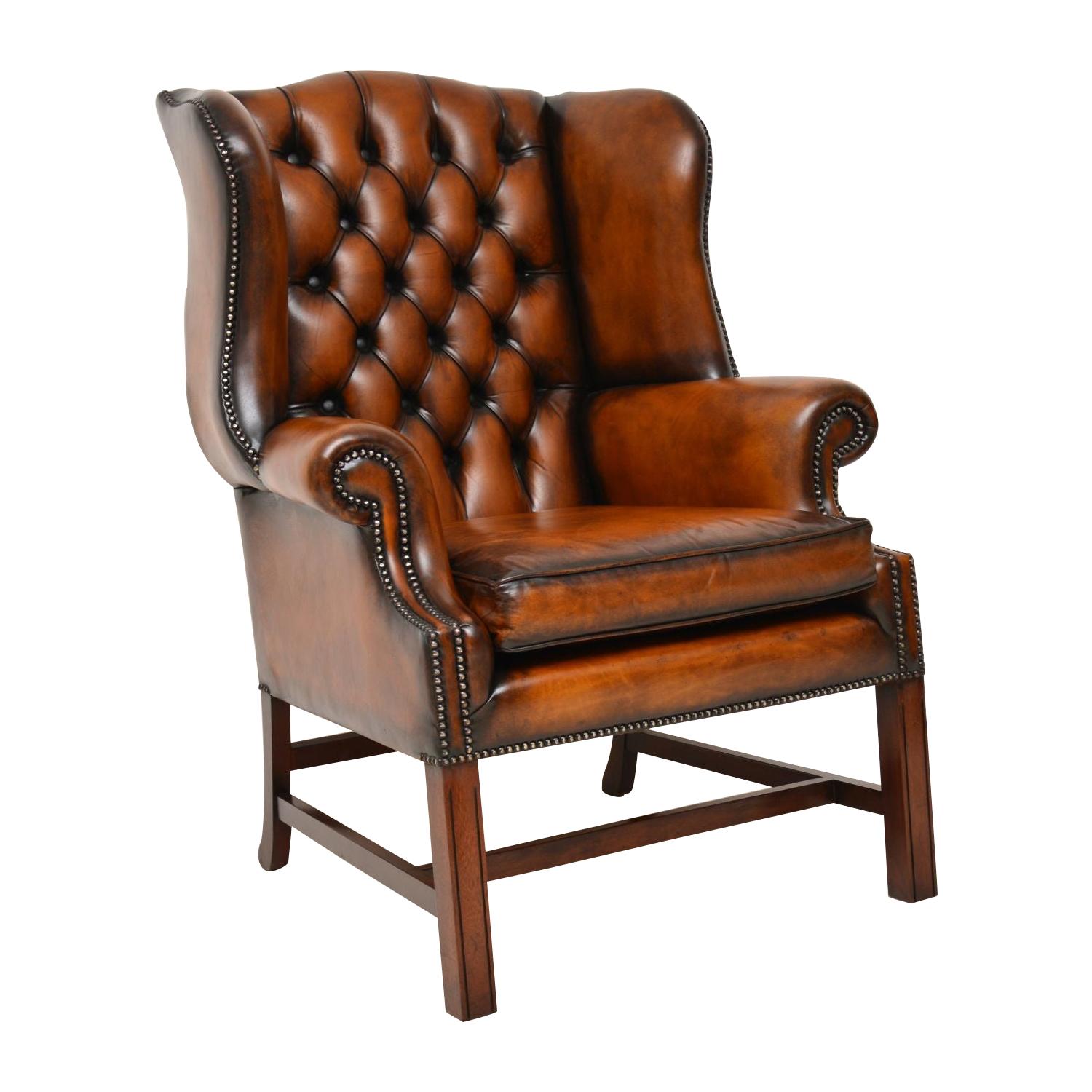 Antique Deep Buttoned Leather Wingback Armchair For Sale at 1stDibs