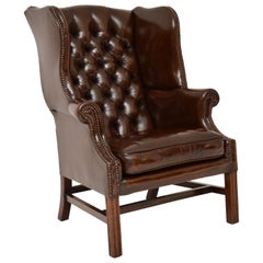 Antique Deep Buttoned Leather Wing Back Armchair