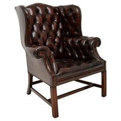 Antique Deep Buttoned Leather Wing Back Armchair