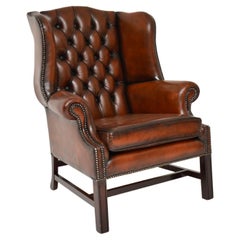 Antique Deep Buttoned Leather Wing Back Armchair